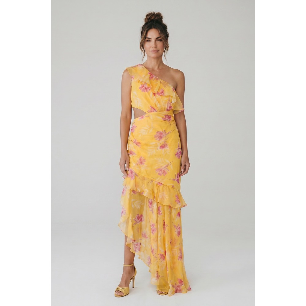 AMUR Yellow Floral Silk One Shoulder Cutout Ruffle Maxi Dress Size 12 Gown